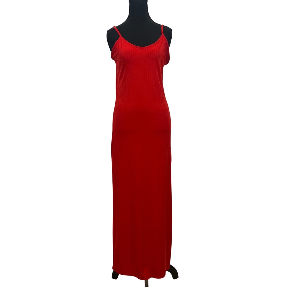 Maxi Dress Red Ribbed Spaghetti Strap Side‎ Slit Size L - Picture 2 of 13
